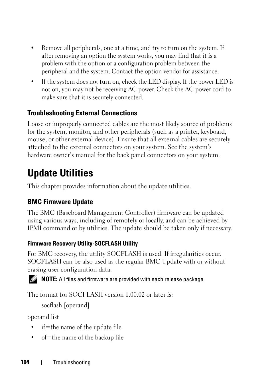 Troubleshooting external connections, Update utilities, Bmc firmware update | Dell PowerEdge C5220 User Manual | Page 104 / 124