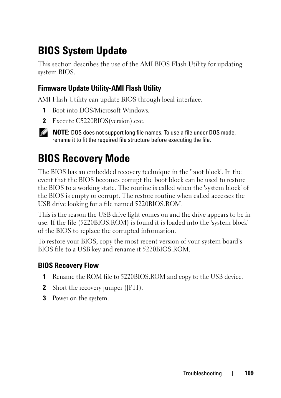 Bios system update, Firmware update utility-ami flash utility, Bios recovery mode | Bios recovery flow | Dell PowerEdge C5220 User Manual | Page 109 / 124