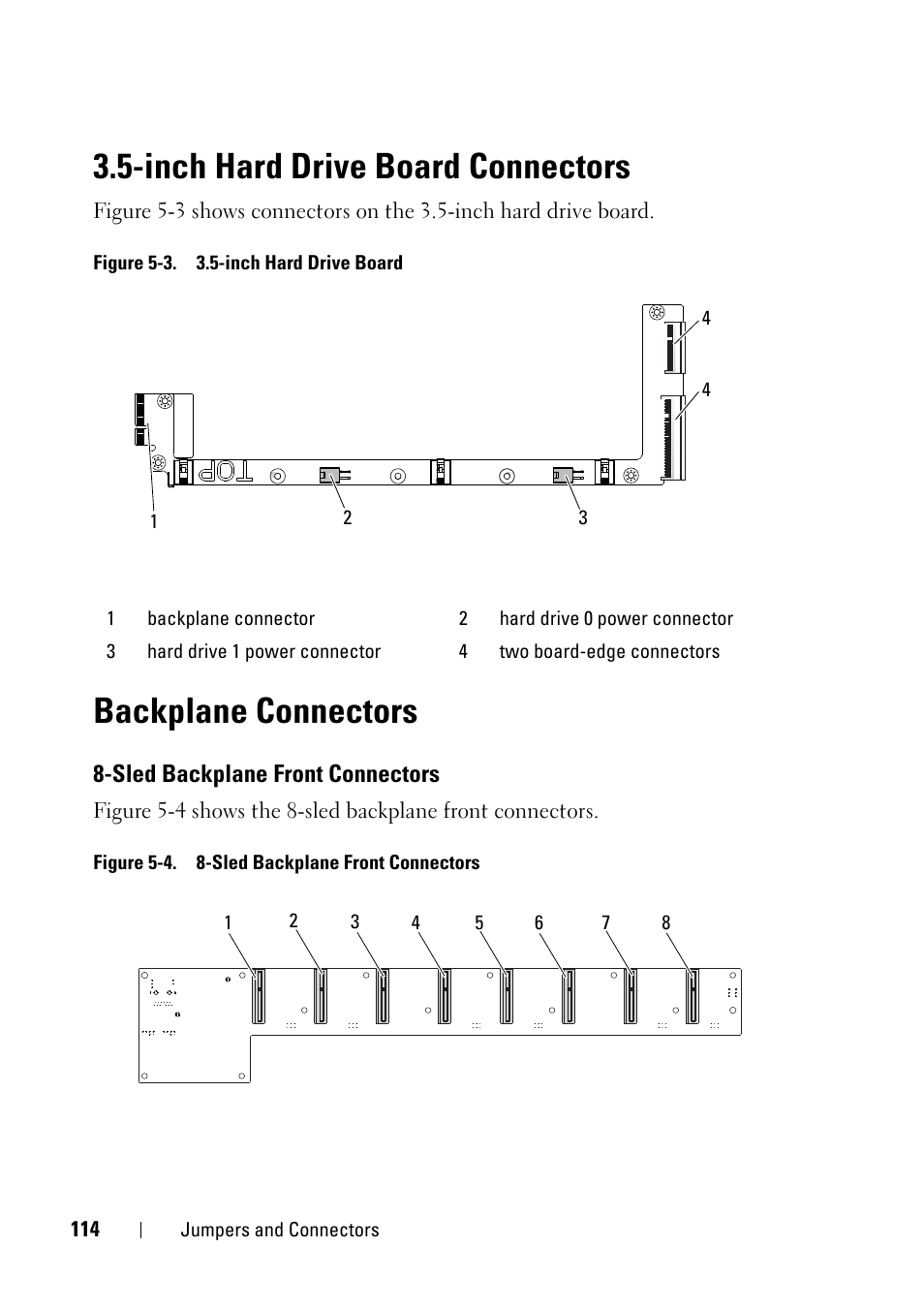 Inch hard drive board connectors, Backplane connectors, Sled backplane front connectors | Dell PowerEdge C5220 User Manual | Page 114 / 124