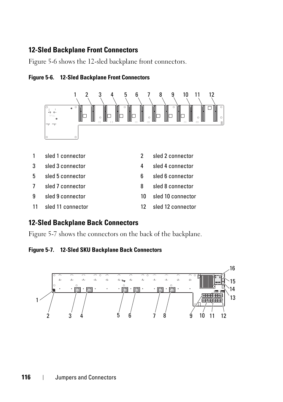 Sled backplane front connectors, Sled backplane back connectors | Dell PowerEdge C5220 User Manual | Page 116 / 124