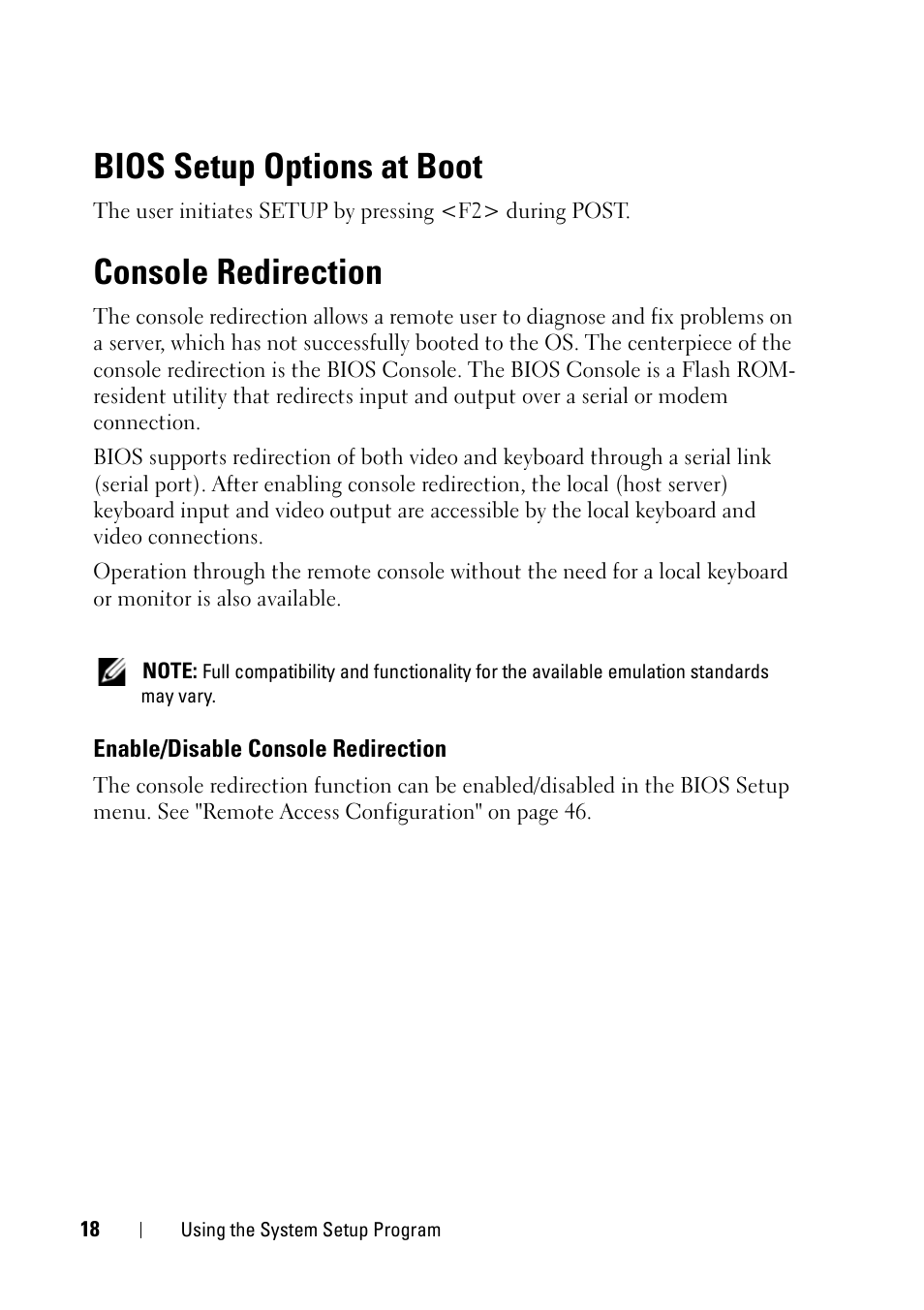 Bios setup options at boot, Console redirection, Enable/disable console redirection | Dell PowerEdge C5220 User Manual | Page 18 / 124