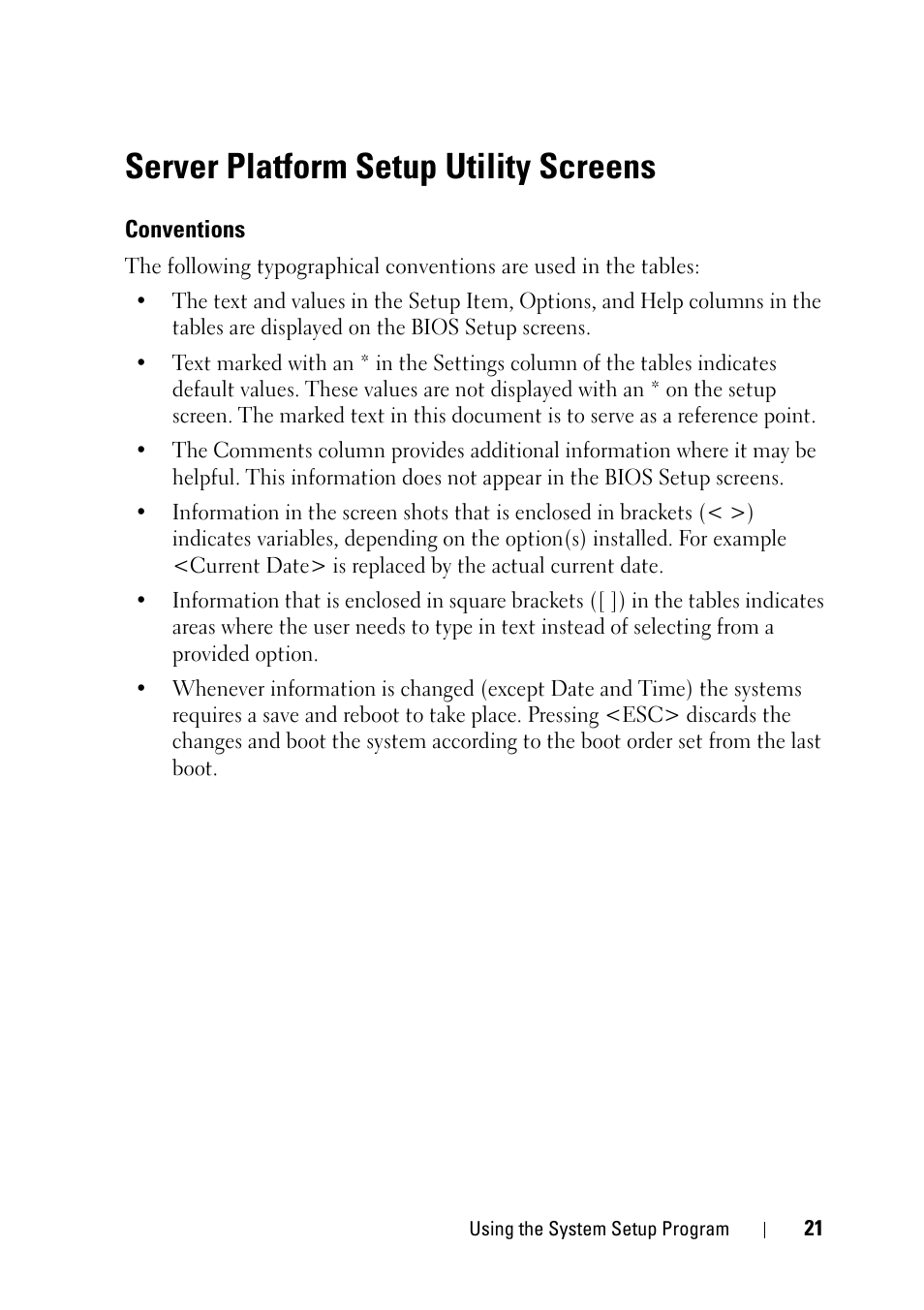 Server platform setup utility screens, Conventions | Dell PowerEdge C5220 User Manual | Page 21 / 124