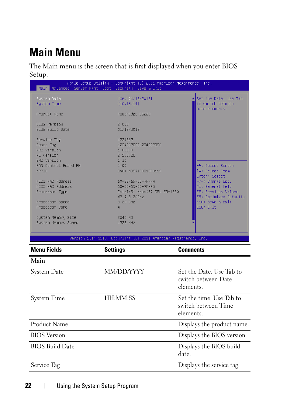 Main menu | Dell PowerEdge C5220 User Manual | Page 22 / 124