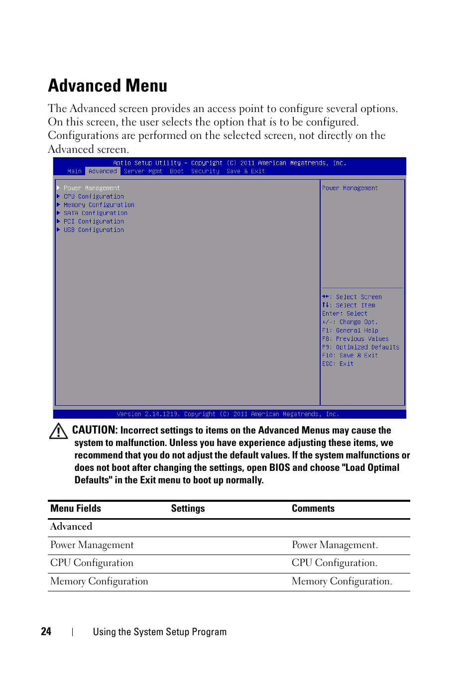 Advanced menu | Dell PowerEdge C5220 User Manual | Page 24 / 124