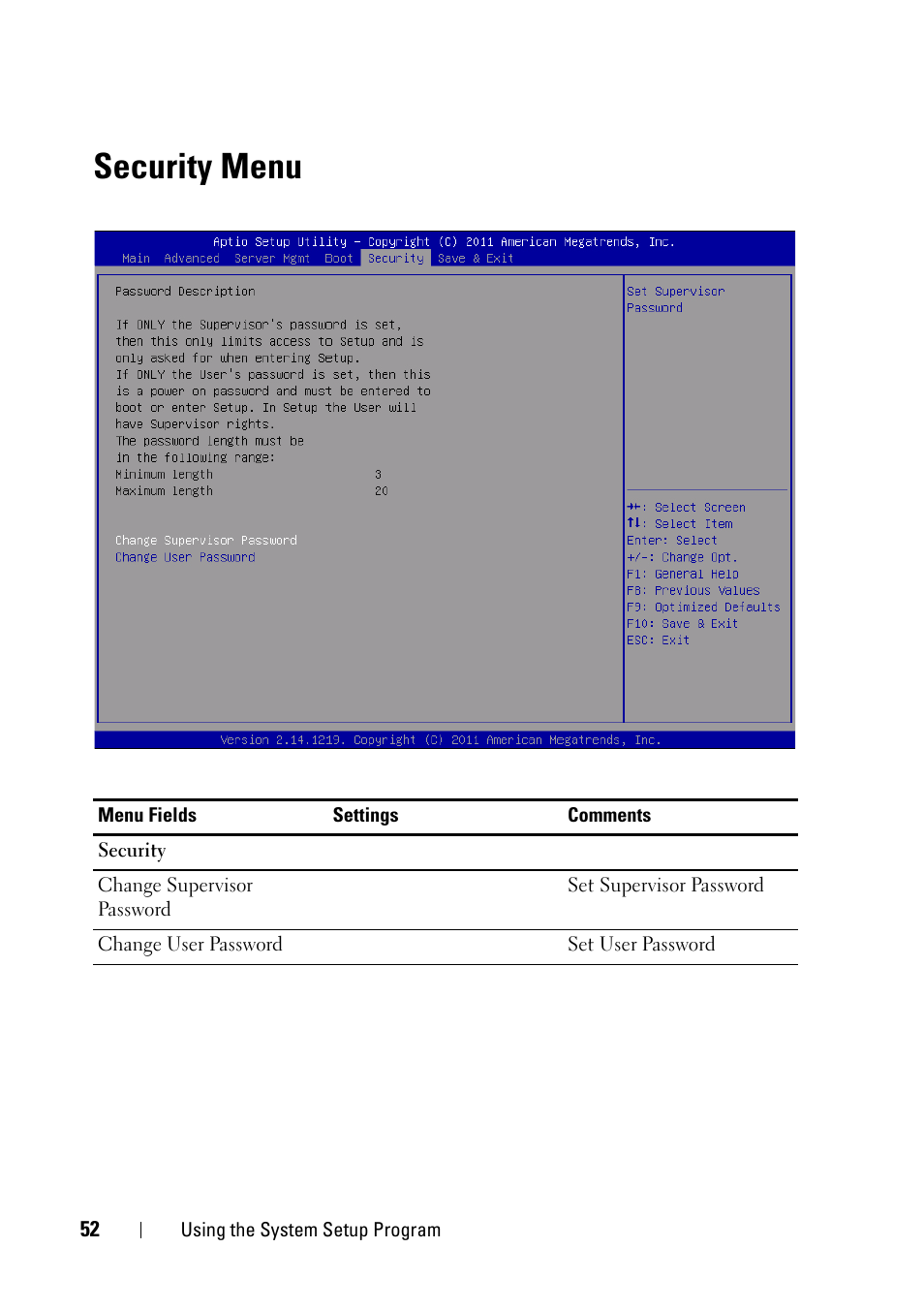 Security menu | Dell PowerEdge C5220 User Manual | Page 52 / 124