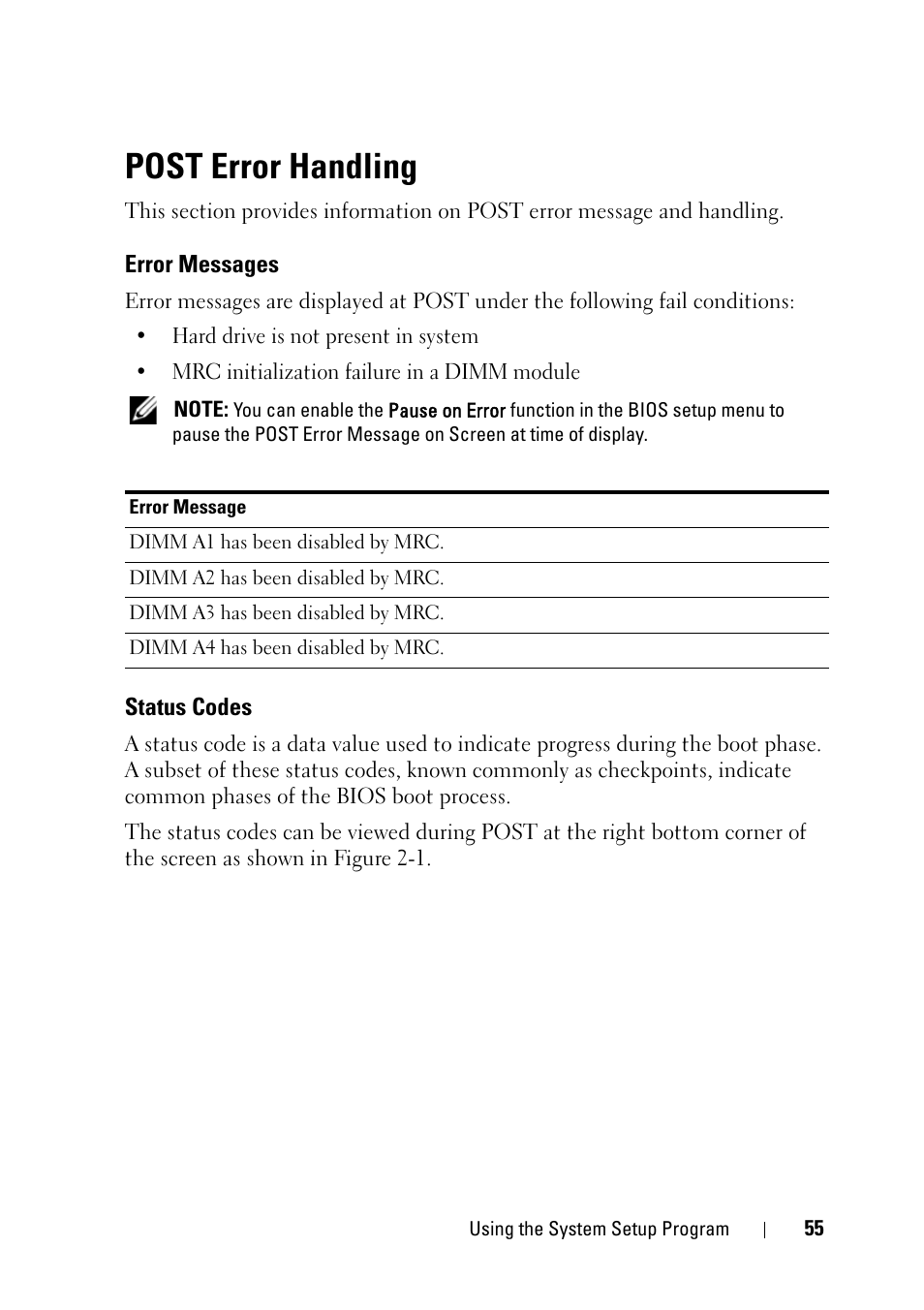 Post error handling, Error messages, Status codes | Dell PowerEdge C5220 User Manual | Page 55 / 124