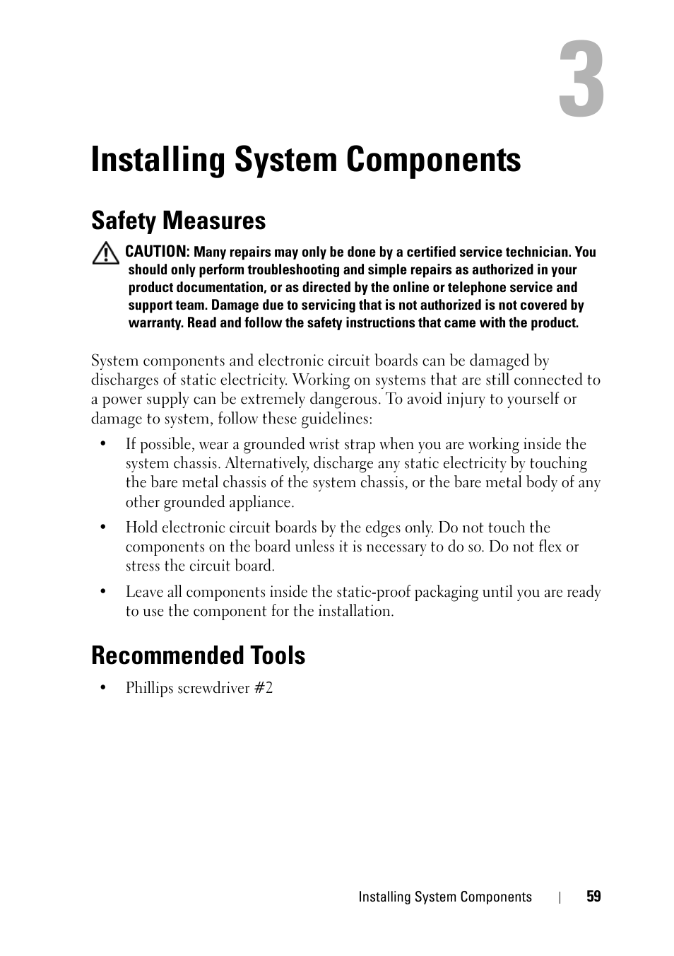 Installing system components, Recommended tools, Safety measures | Dell PowerEdge C5220 User Manual | Page 59 / 124