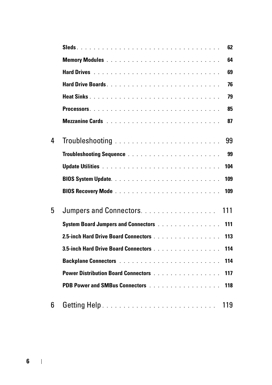4 troubleshooting, 5 jumpers and connectors, 6 getting help | Dell PowerEdge C5220 User Manual | Page 6 / 124