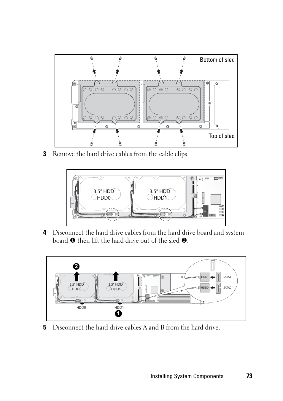 Installing system components, Bottom of sled top of sled | Dell PowerEdge C5220 User Manual | Page 73 / 124