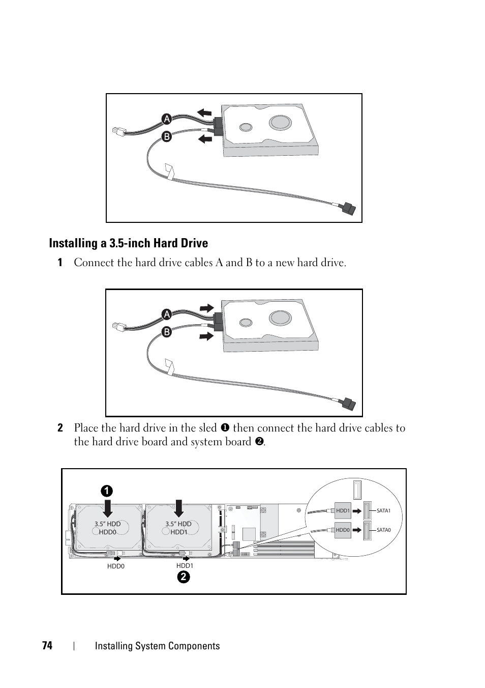 Installing a 3.5-inch hard drive, Installing system components | Dell PowerEdge C5220 User Manual | Page 74 / 124