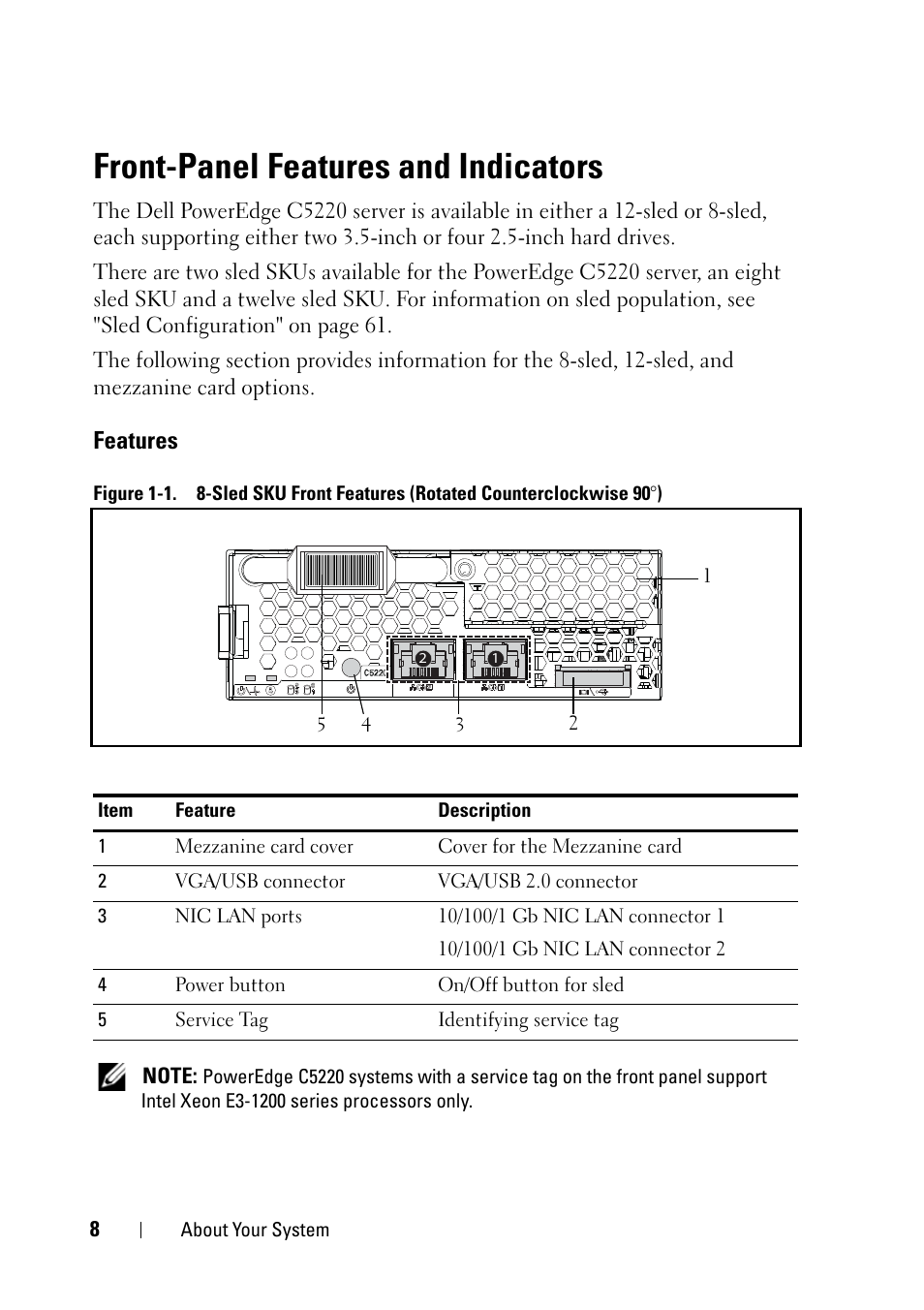 Front-panel features and indicators, Features | Dell PowerEdge C5220 User Manual | Page 8 / 124