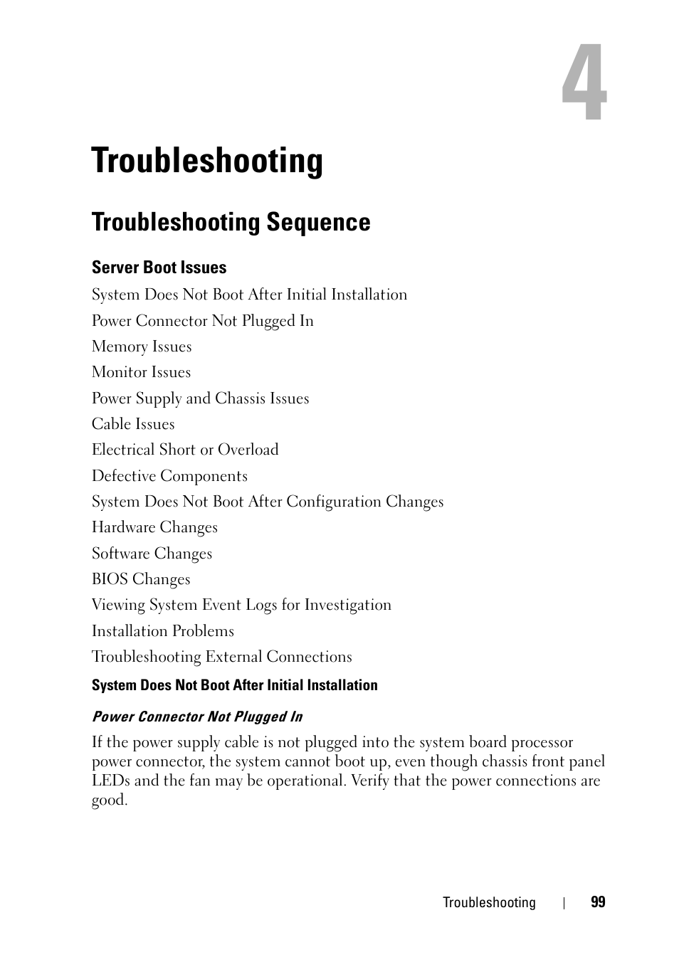 Troubleshooting, Troubleshooting sequence, Server boot issues | Dell PowerEdge C5220 User Manual | Page 99 / 124