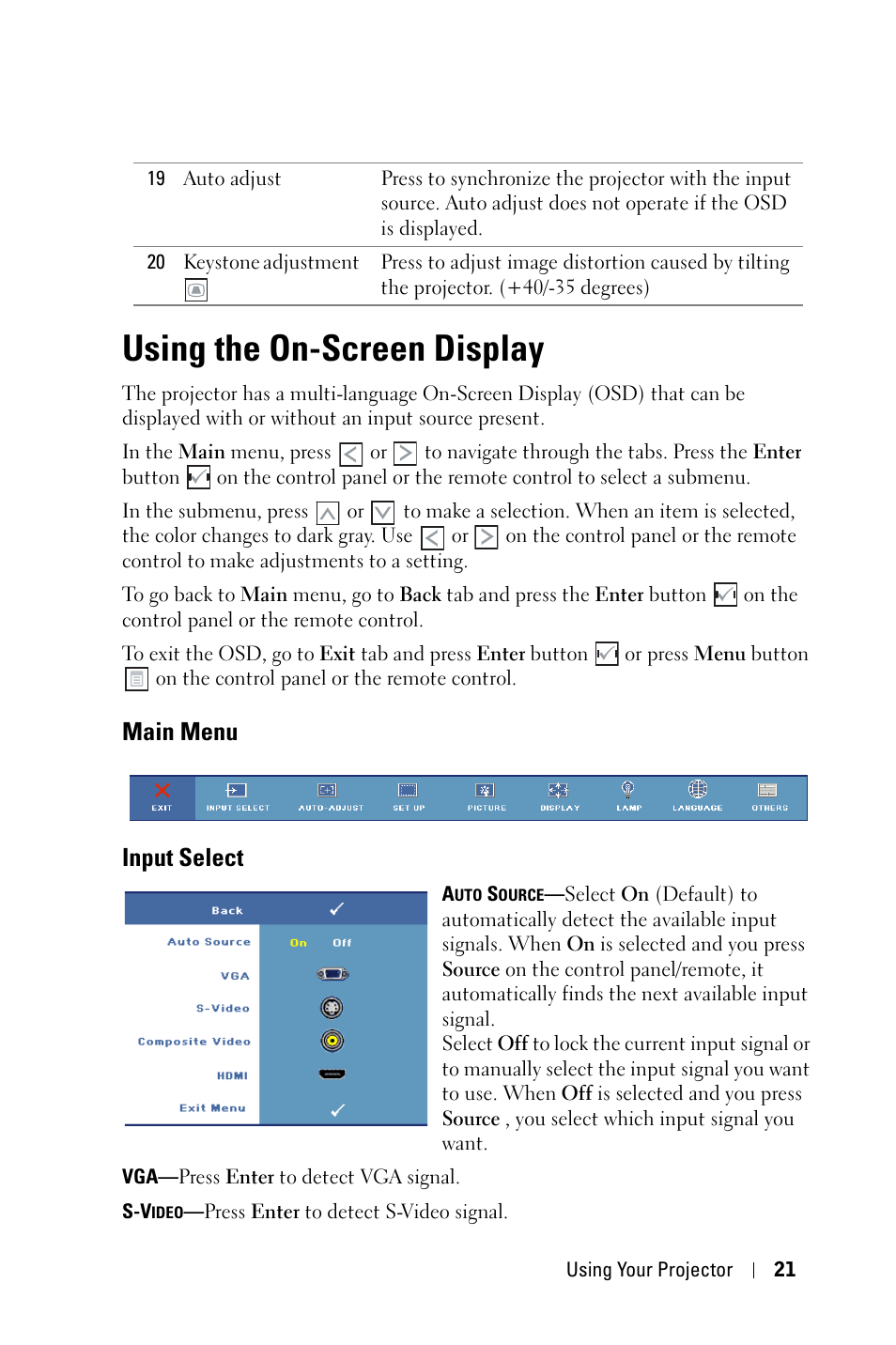 Using the on-screen display, Main menu, Input select | Main menu input select | Dell M409WX Projector User Manual | Page 21 / 45