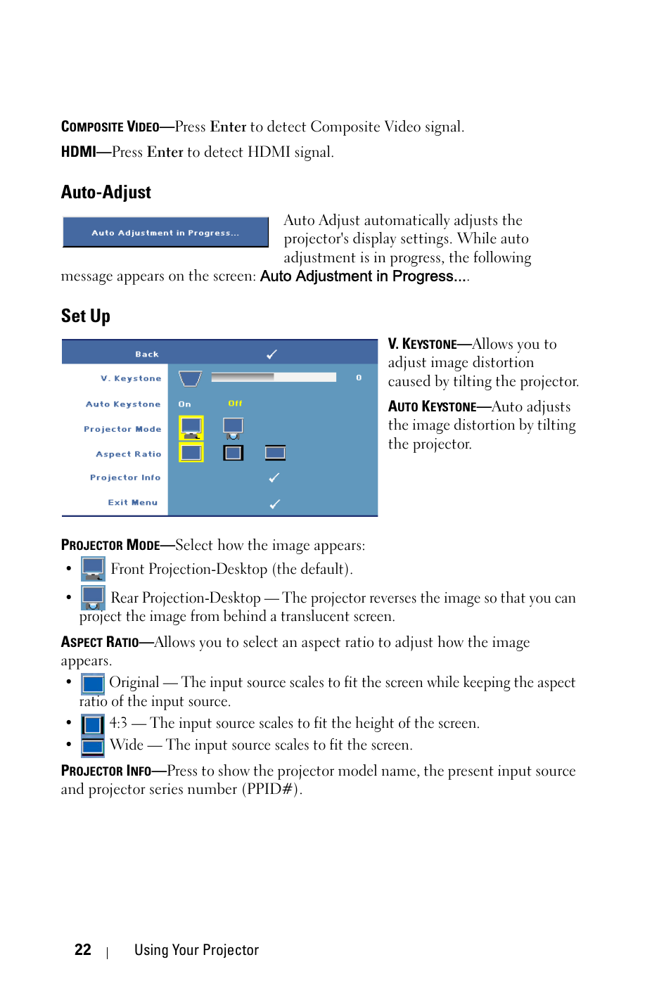 Auto-adjust, Set up | Dell M409WX Projector User Manual | Page 22 / 45