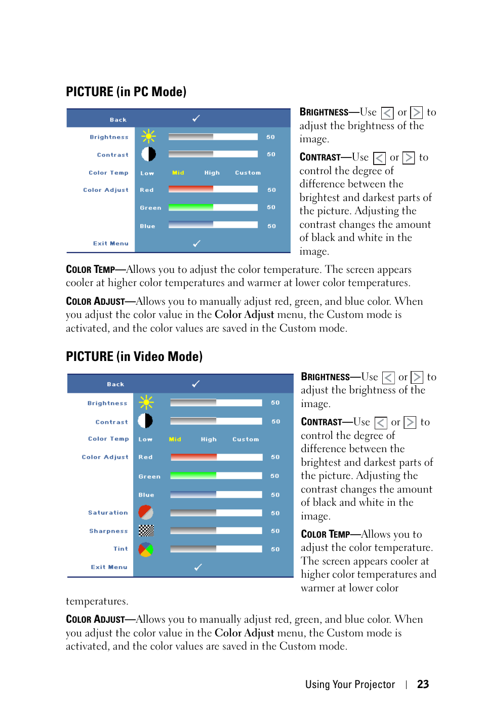 Picture (in pc mode), Picture (in video mode) | Dell M409WX Projector User Manual | Page 23 / 45