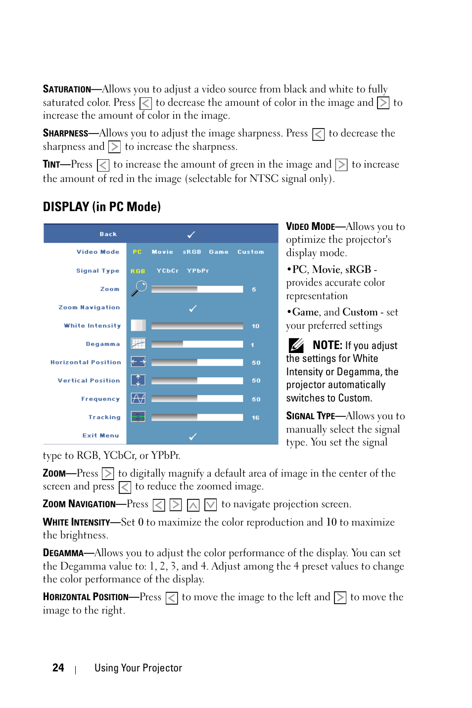 Display (in pc mode) | Dell M409WX Projector User Manual | Page 24 / 45