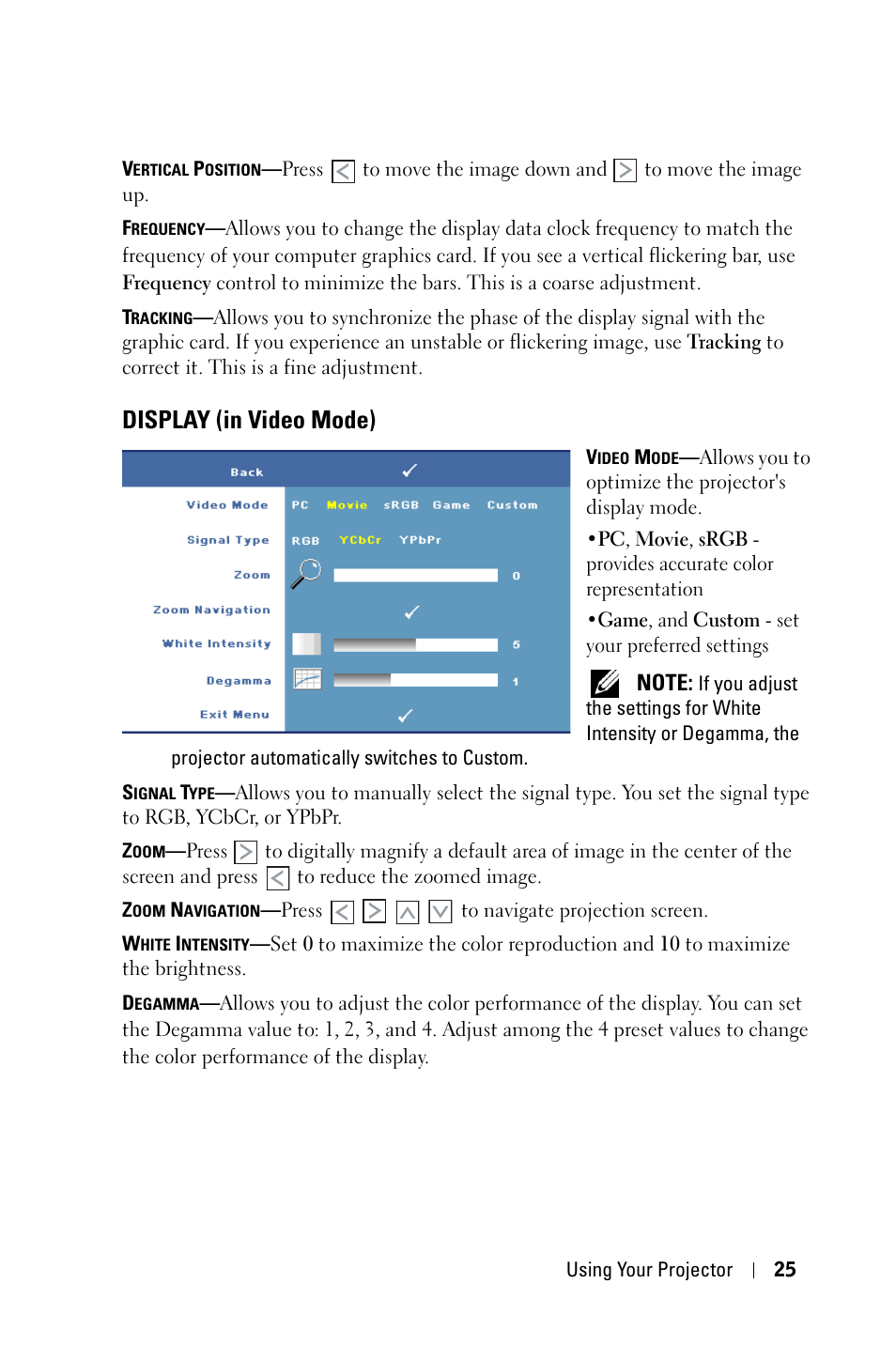 Display (in video mode) | Dell M409WX Projector User Manual | Page 25 / 45