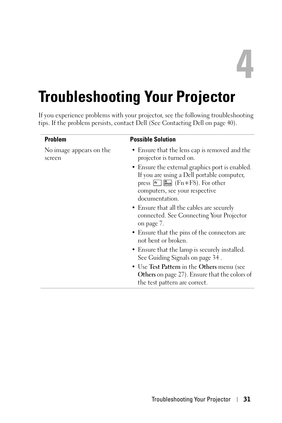 Troubleshooting your projector | Dell M409WX Projector User Manual | Page 31 / 45