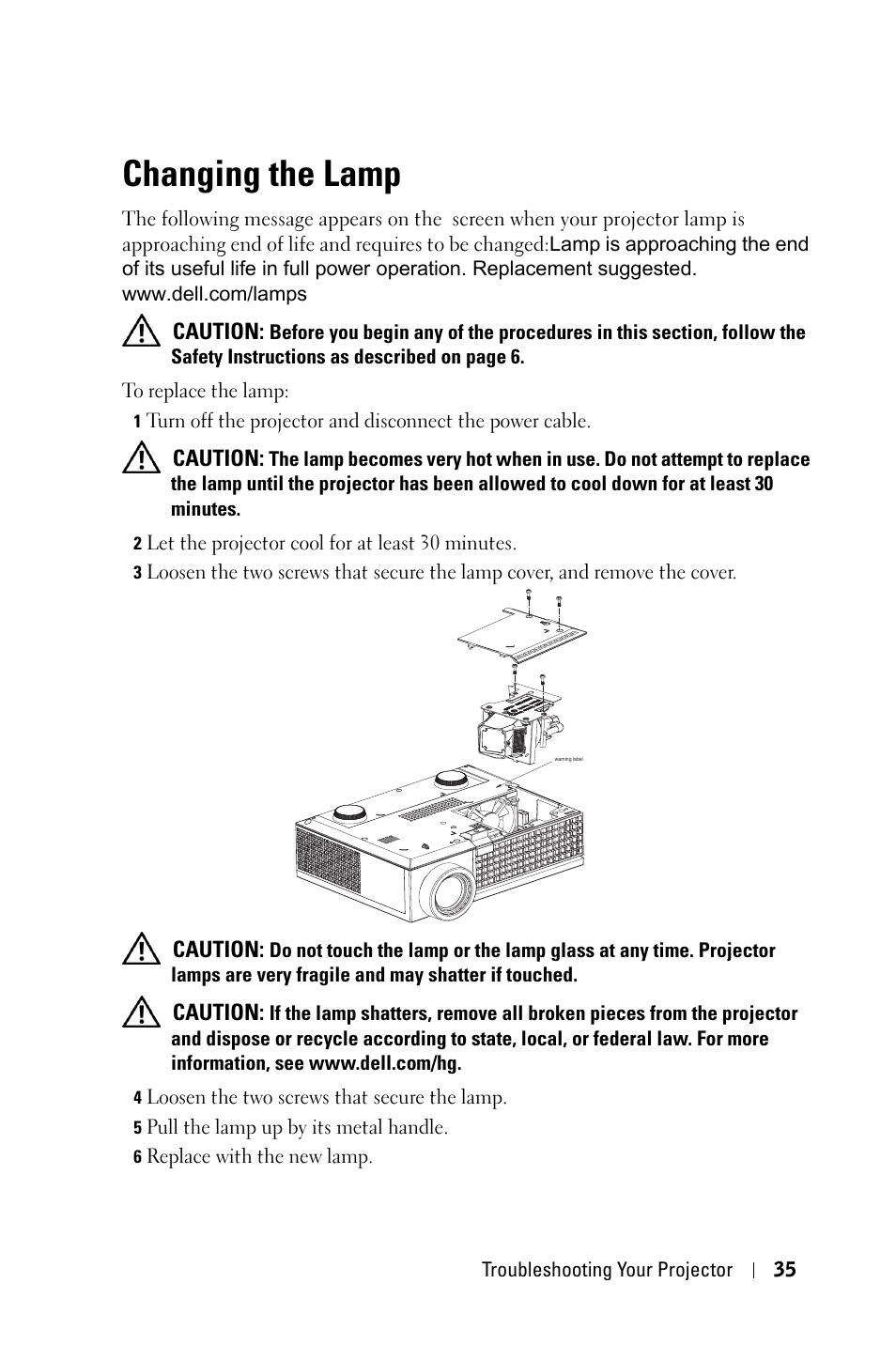Changing the lamp | Dell M409WX Projector User Manual | Page 35 / 45