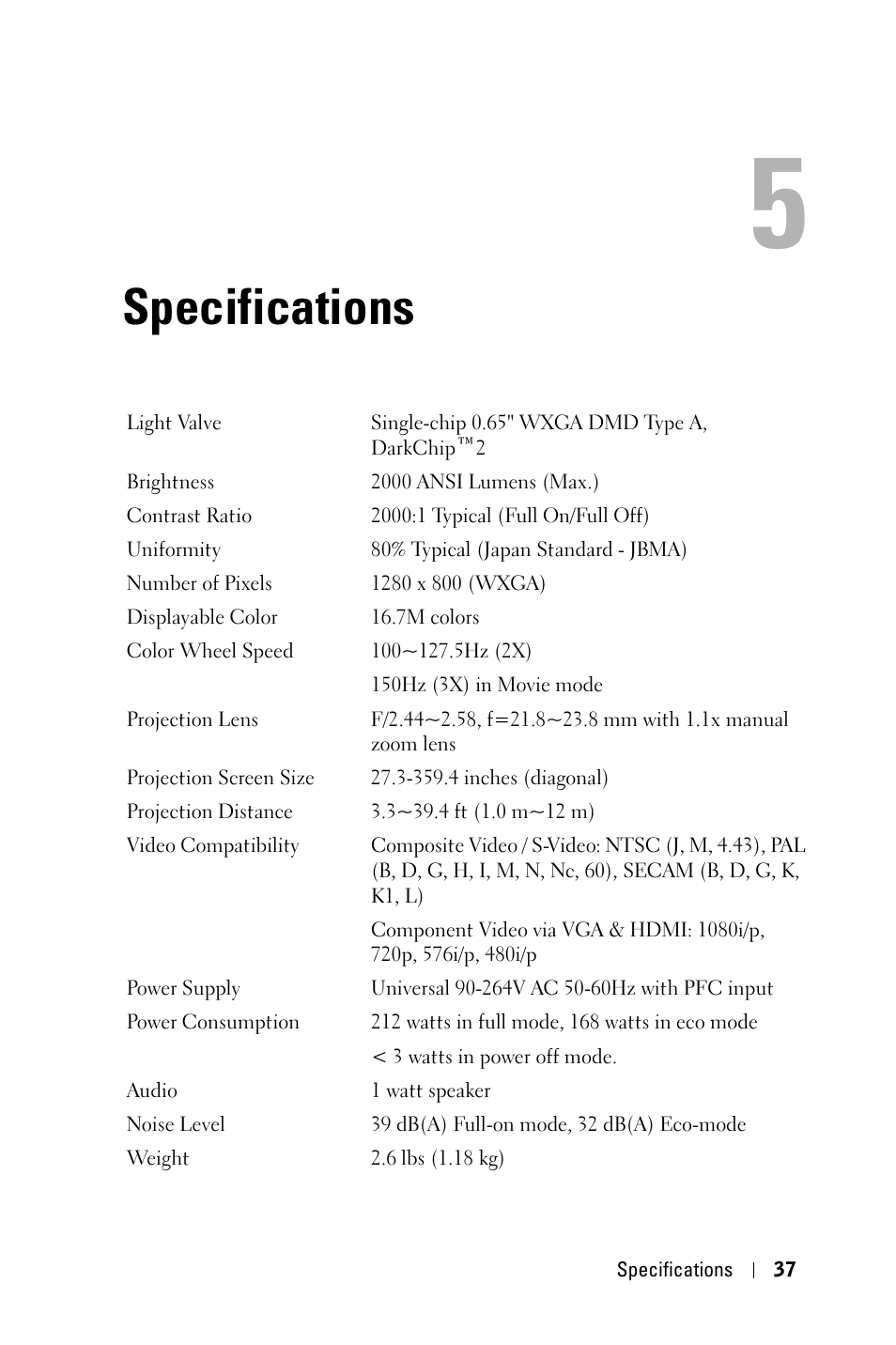 Specifications | Dell M409WX Projector User Manual | Page 37 / 45