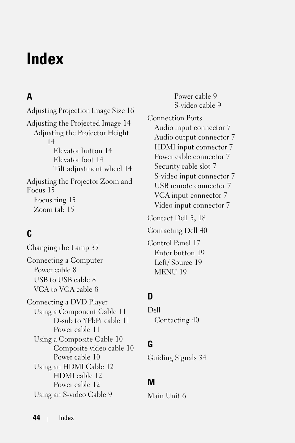 Index | Dell M409WX Projector User Manual | Page 44 / 45