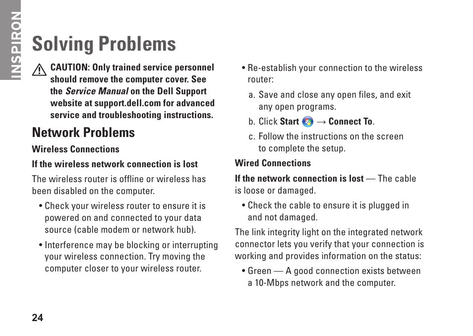 Solving problems, Network problems, Inspiron | Dell Inspiron 1210 (Late 2008) User Manual | Page 26 / 62