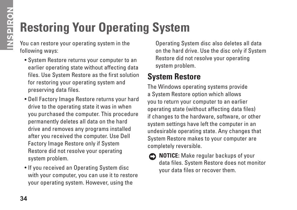 Restoring your operating system, System restore, Inspiron | Dell Inspiron 1210 (Late 2008) User Manual | Page 36 / 62