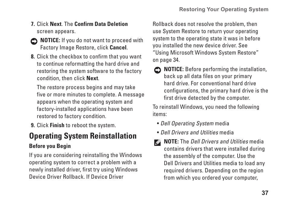 Operating system reinstallation | Dell Inspiron 1210 (Late 2008) User Manual | Page 39 / 62