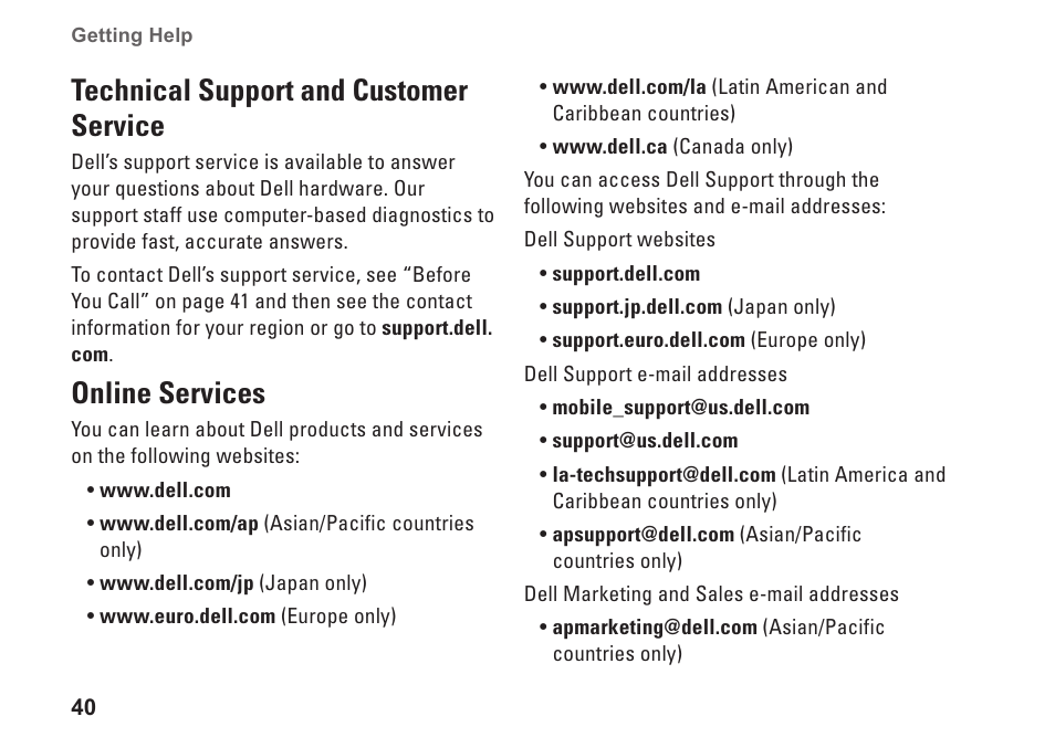 Technical support and customer service, Online services, Technical support and customer | Service online services | Dell Inspiron 1210 (Late 2008) User Manual | Page 42 / 62