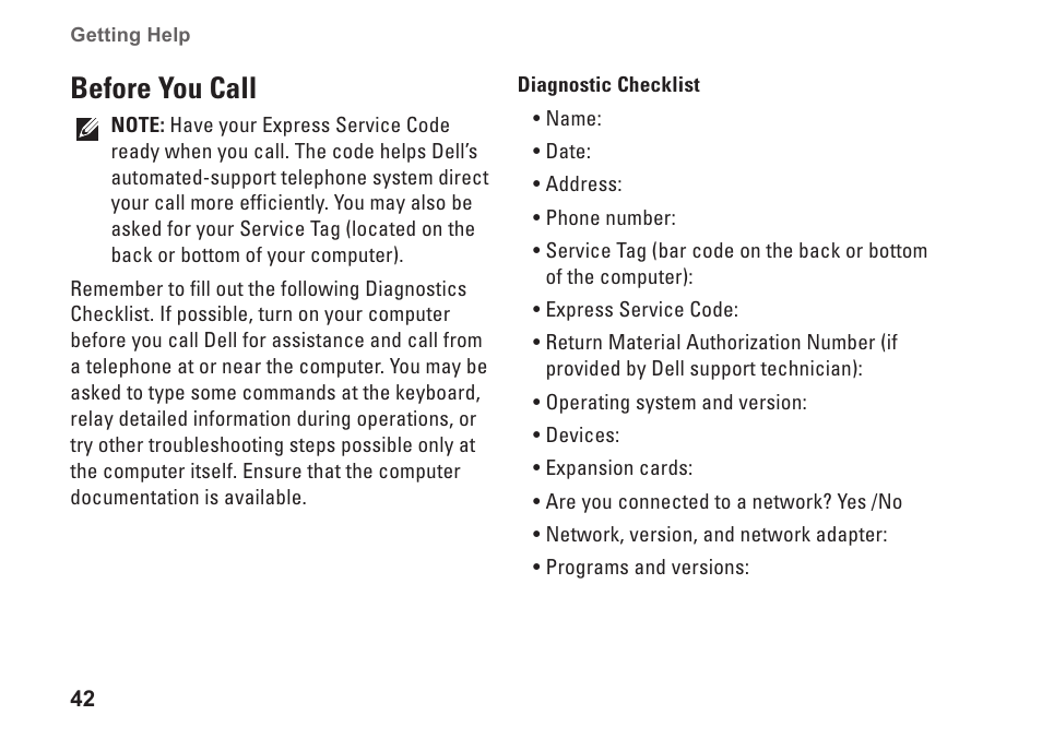 Before you call | Dell Inspiron 1210 (Late 2008) User Manual | Page 44 / 62