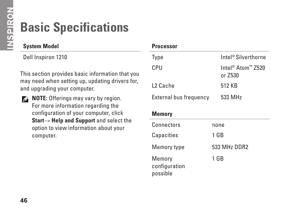 Basic specifications, Inspiron | Dell Inspiron 1210 (Late 2008) User Manual | Page 48 / 62