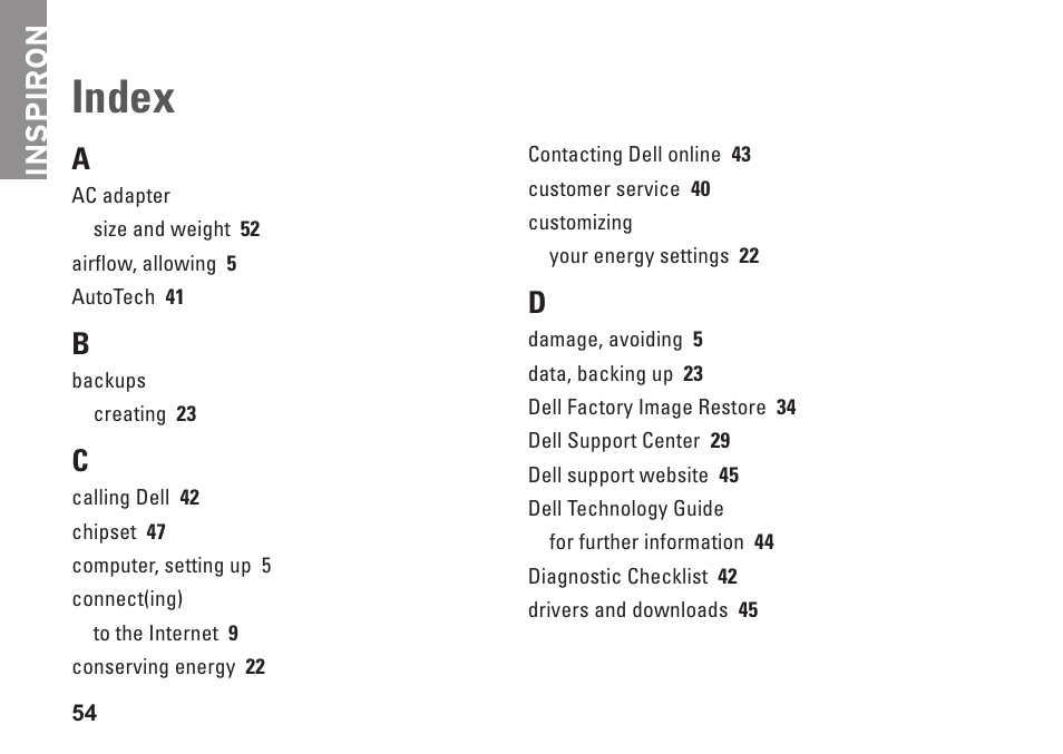 Index, Inspiron | Dell Inspiron 1210 (Late 2008) User Manual | Page 56 / 62