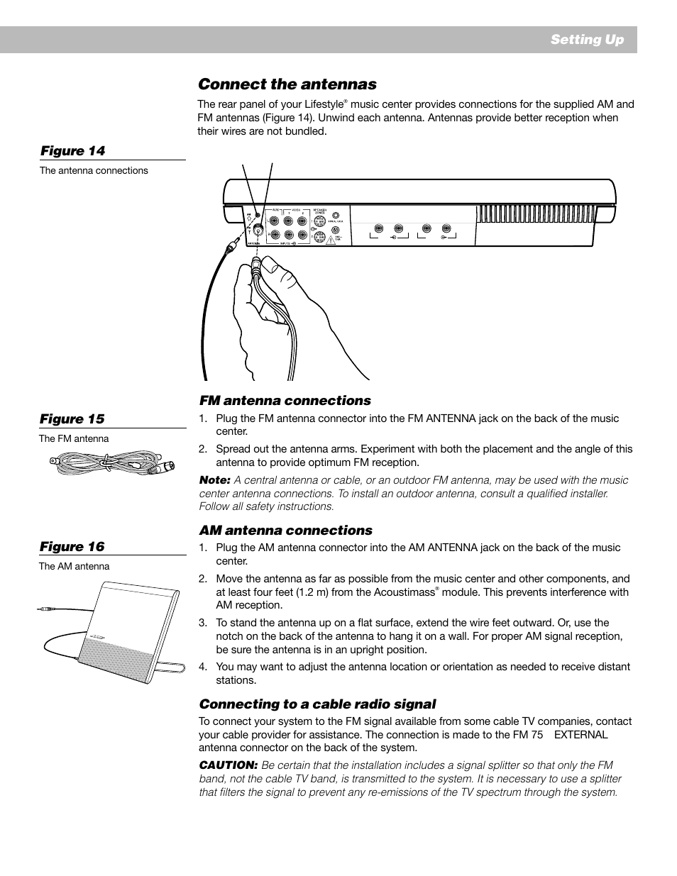 Connect the antennas, Setting up, Fm antenna connections | Am antenna connections, Connecting to a cable radio signal, Figure 16, Figure 15, Figure 14 | Bose AM193147_03_V. User Manual | Page 15 / 34
