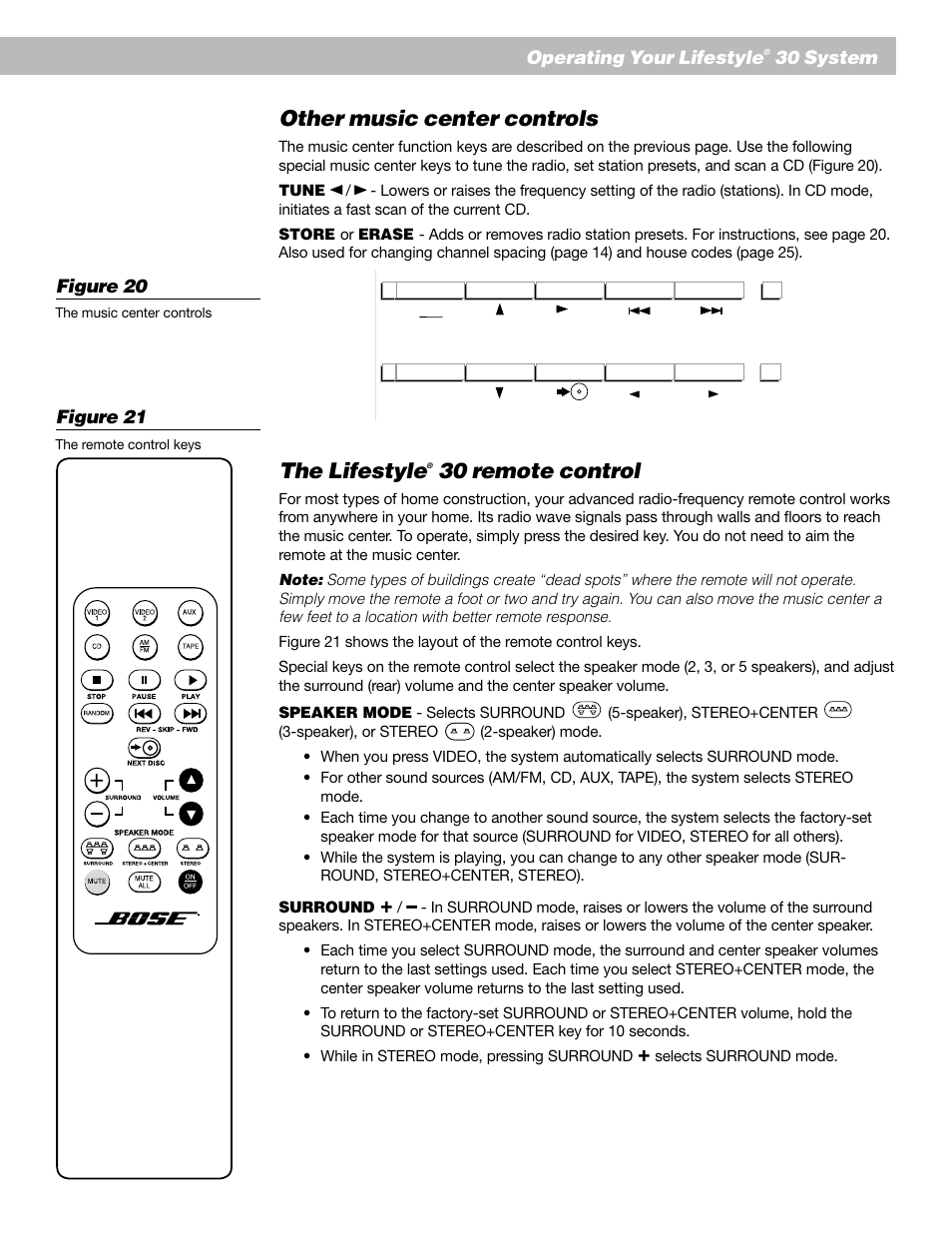 Other music center controls, The lifestyle, 30 remote control | Operating your lifestyle, 30 system, Figure 21, Figure 20 | Bose AM193147_03_V. User Manual | Page 19 / 34