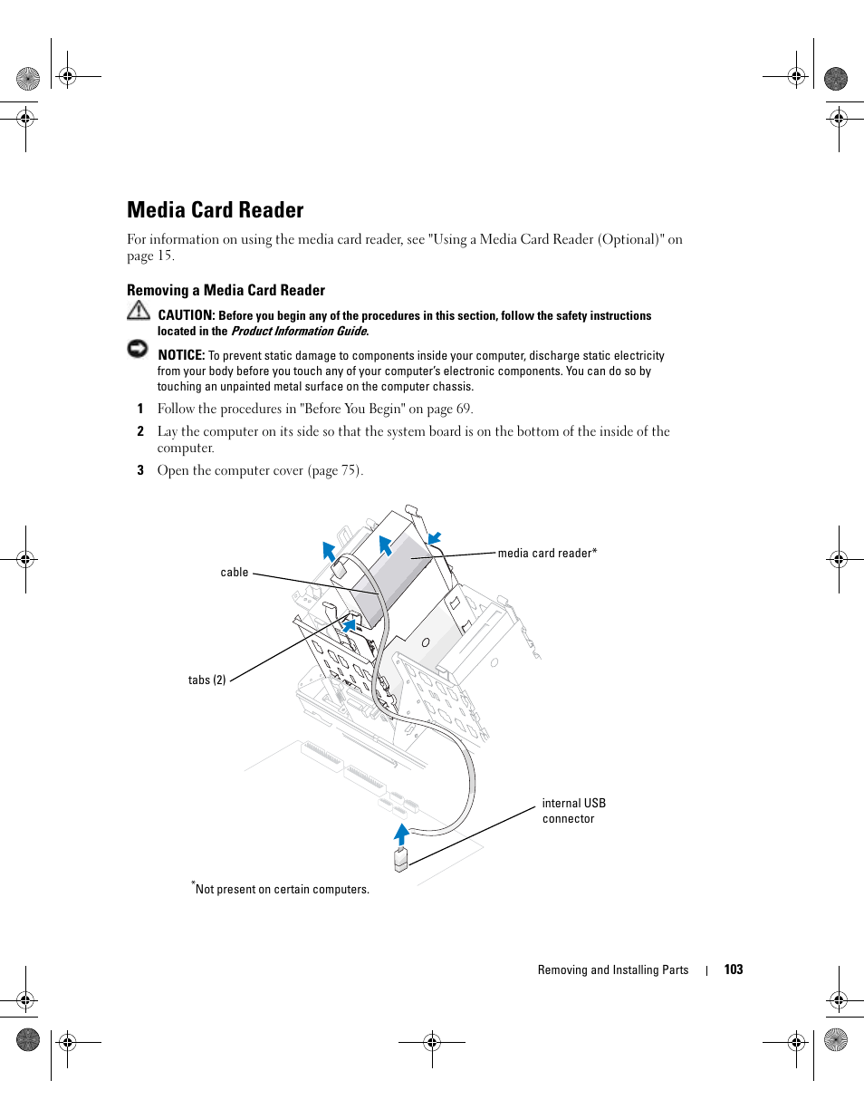 Media card reader, Removing a media card reader | Dell XPS/Dimension XPS Gen 5 User Manual | Page 103 / 162