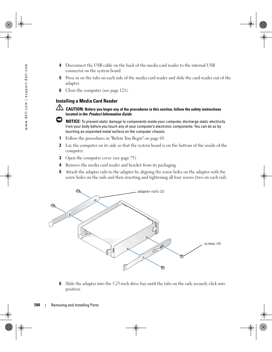 Installing a media card reader | Dell XPS/Dimension XPS Gen 5 User Manual | Page 104 / 162