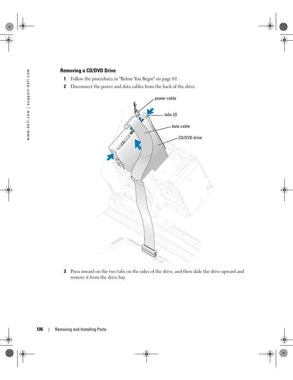 Removing a cd/dvd drive | Dell XPS/Dimension XPS Gen 5 User Manual | Page 106 / 162