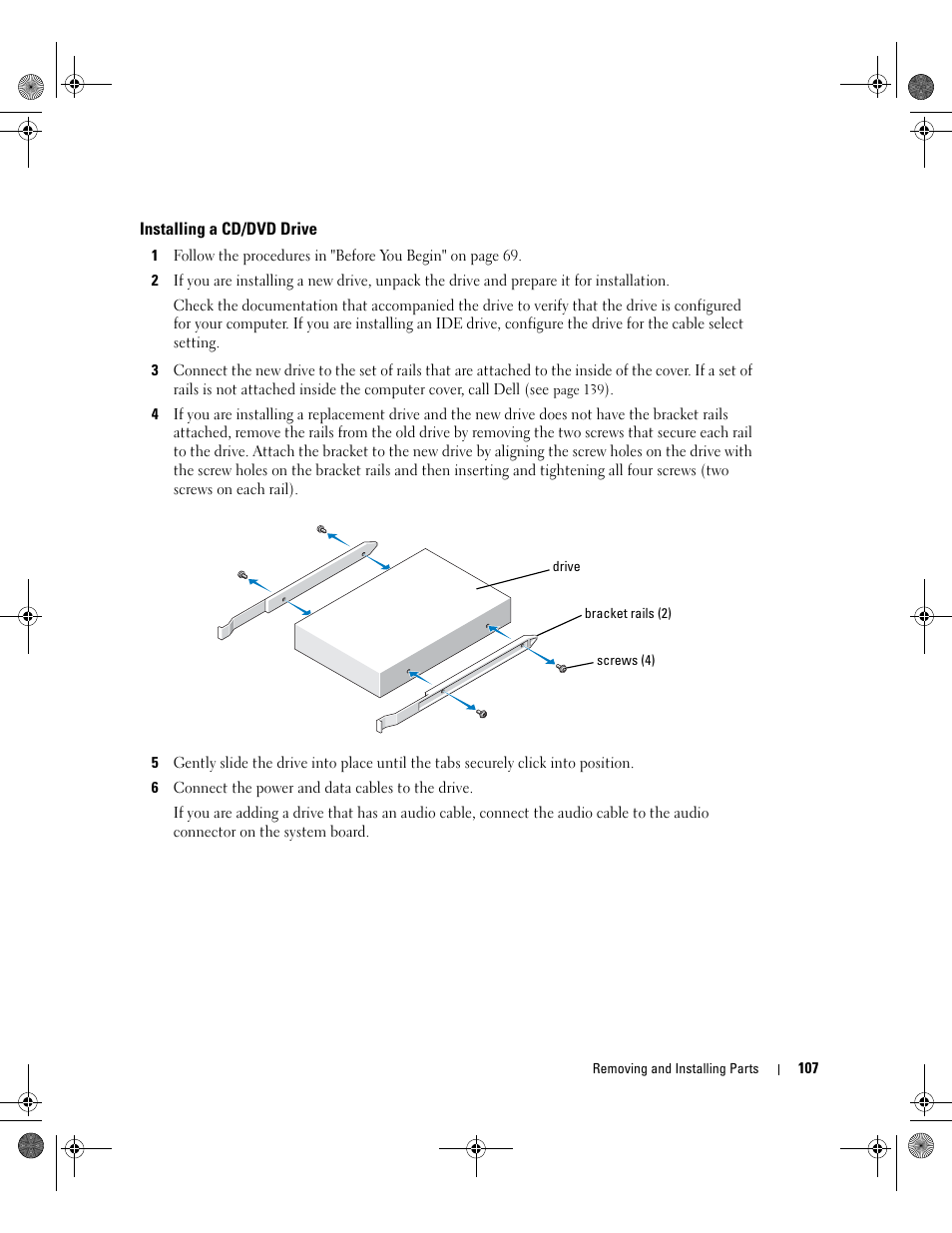 Installing a cd/dvd drive | Dell XPS/Dimension XPS Gen 5 User Manual | Page 107 / 162