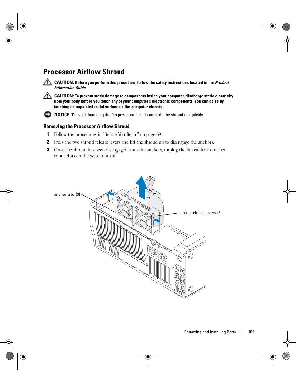 Processor airflow shroud, Removing the processor airflow shroud | Dell XPS/Dimension XPS Gen 5 User Manual | Page 109 / 162