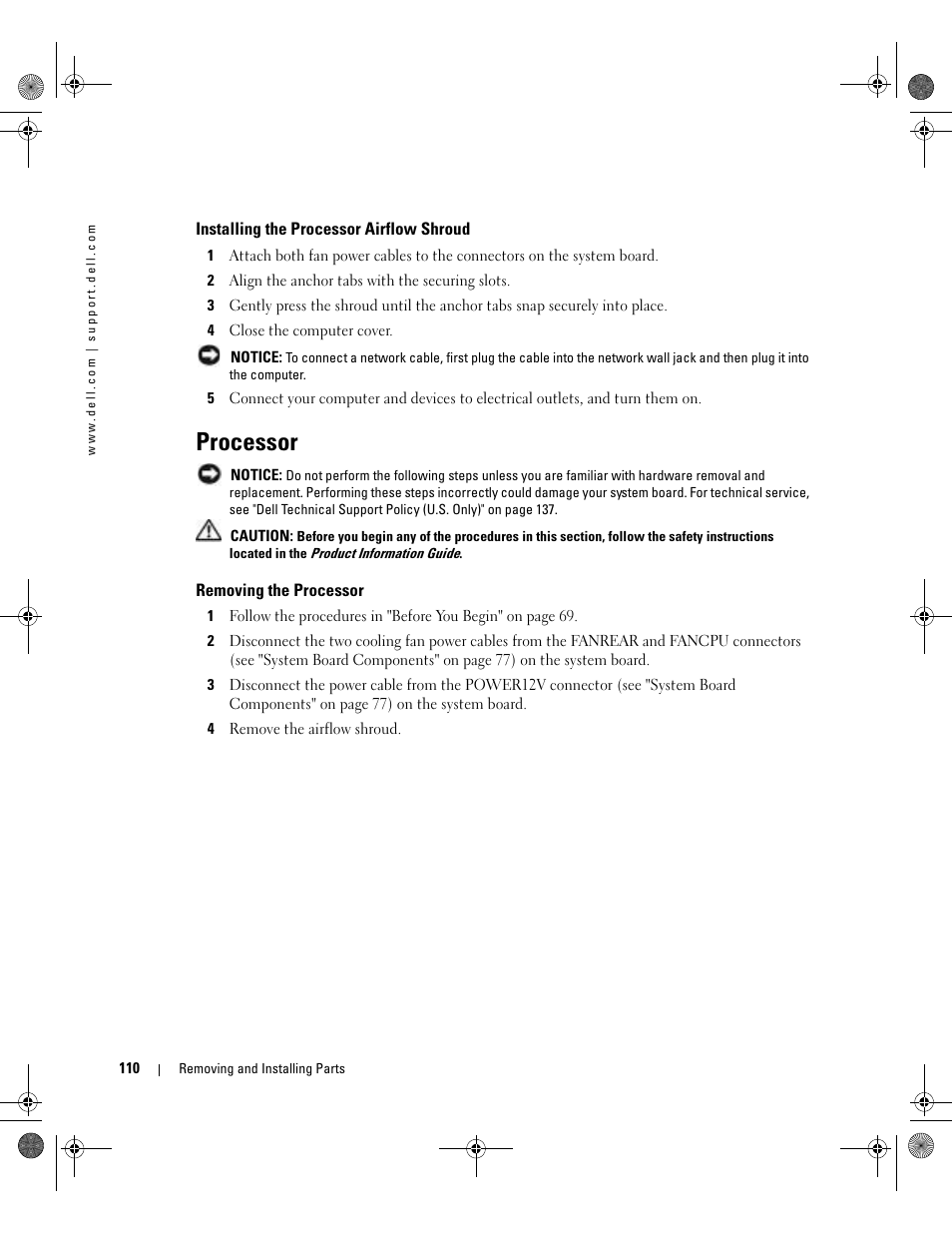 Installing the processor airflow shroud, Processor, Removing the processor | Dell XPS/Dimension XPS Gen 5 User Manual | Page 110 / 162