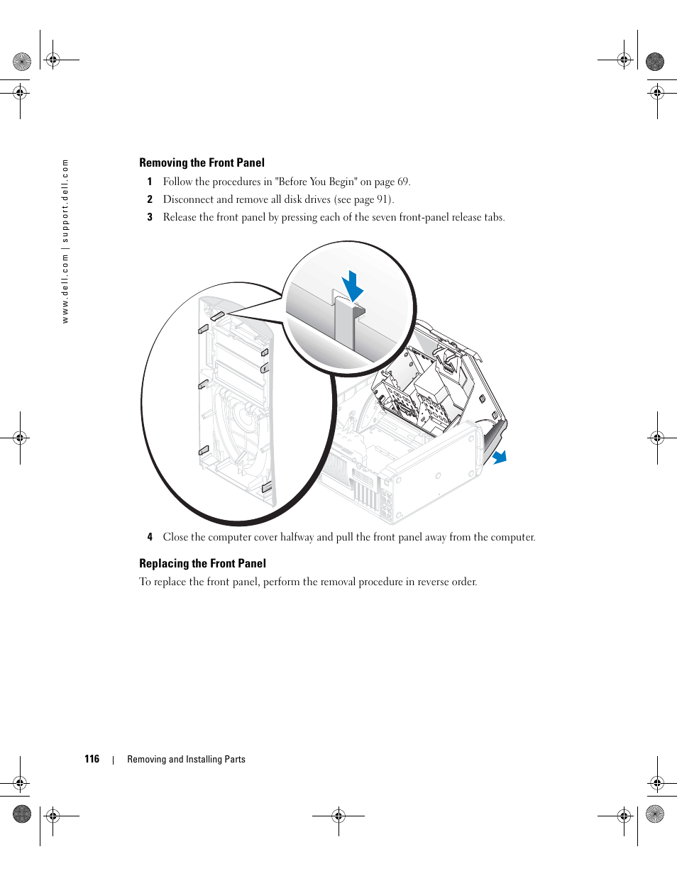 Removing the front panel, Replacing the front panel | Dell XPS/Dimension XPS Gen 5 User Manual | Page 116 / 162