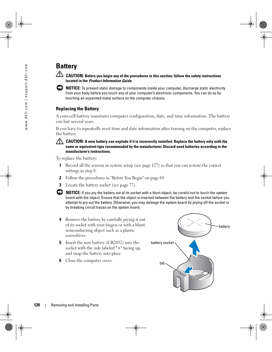 Battery, Replacing the battery | Dell XPS/Dimension XPS Gen 5 User Manual | Page 120 / 162