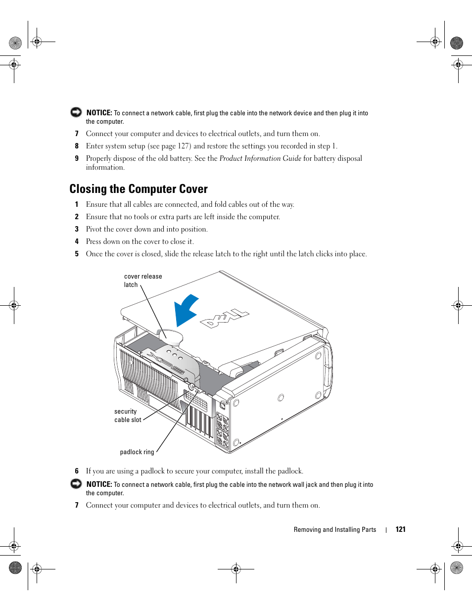 Closing the computer cover, Settings in step 8 | Dell XPS/Dimension XPS Gen 5 User Manual | Page 121 / 162
