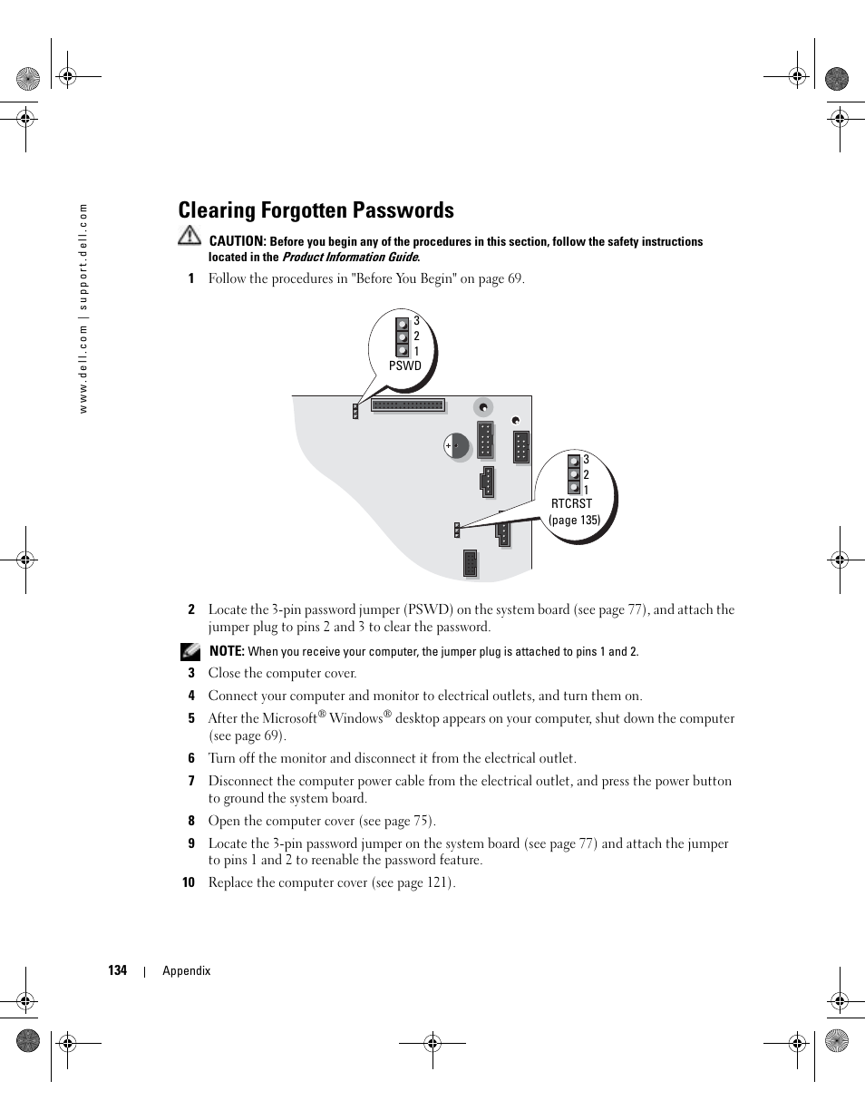 Clearing forgotten passwords | Dell XPS/Dimension XPS Gen 5 User Manual | Page 134 / 162