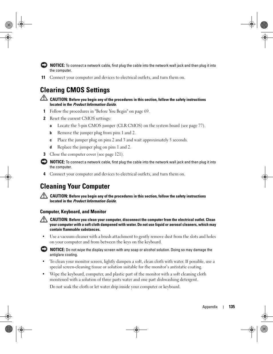 Clearing cmos settings, Cleaning your computer, Computer, keyboard, and monitor | Dell XPS/Dimension XPS Gen 5 User Manual | Page 135 / 162