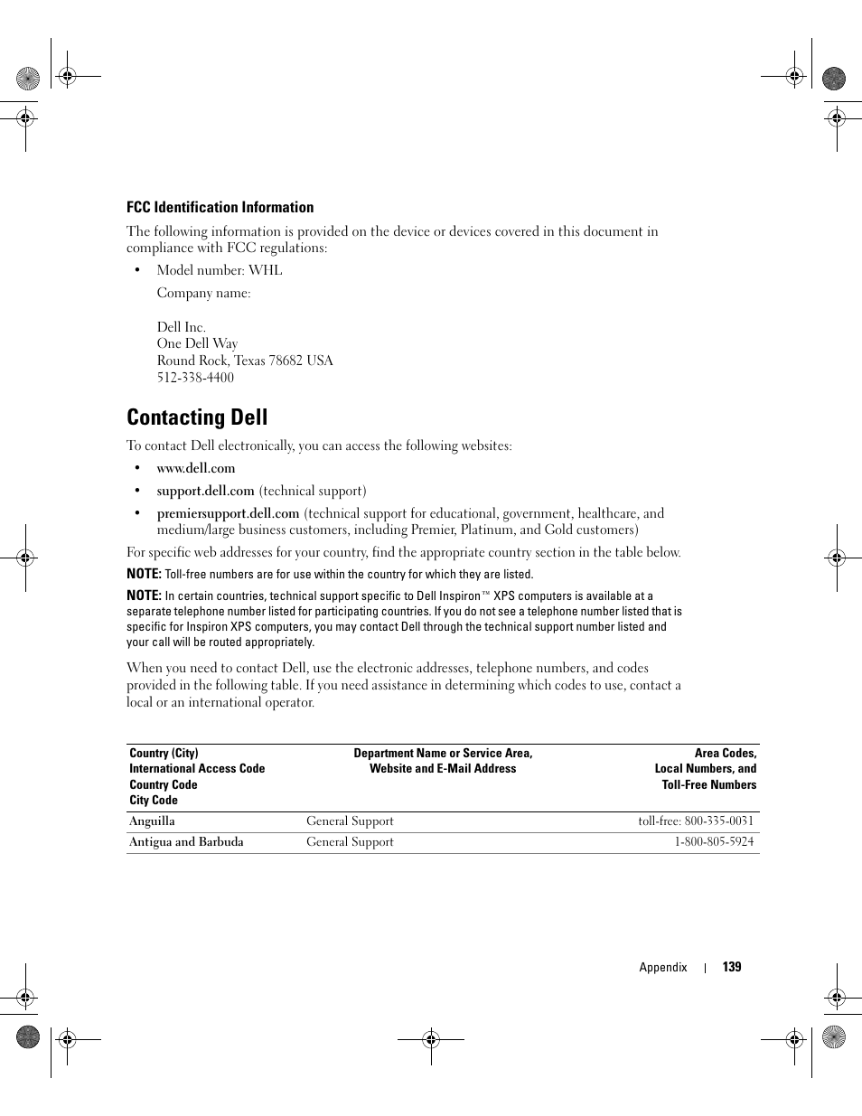 Fcc identification information, Contacting dell, T, contact dell (see | Dell XPS/Dimension XPS Gen 5 User Manual | Page 139 / 162