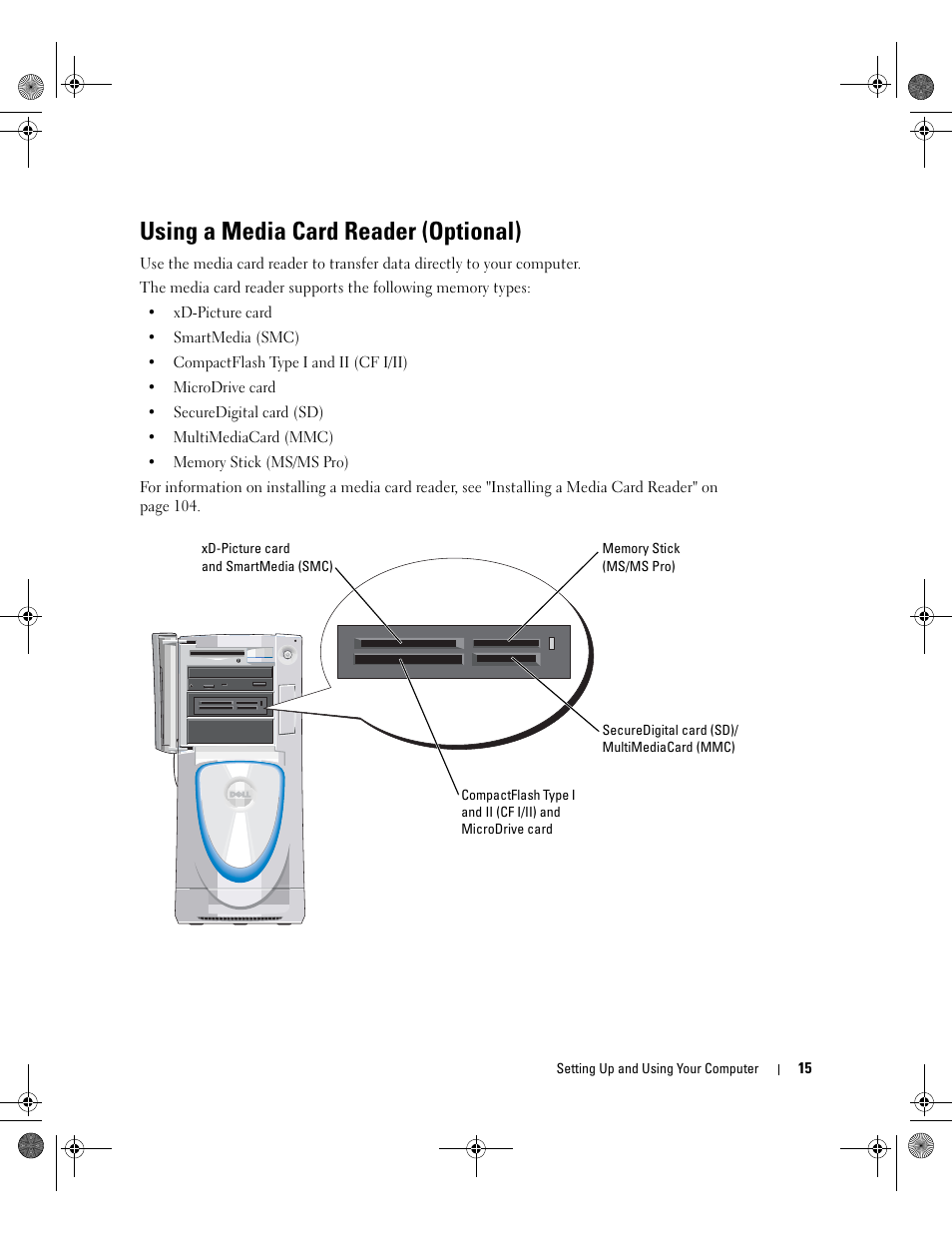 Using a media card reader (optional) | Dell XPS/Dimension XPS Gen 5 User Manual | Page 15 / 162