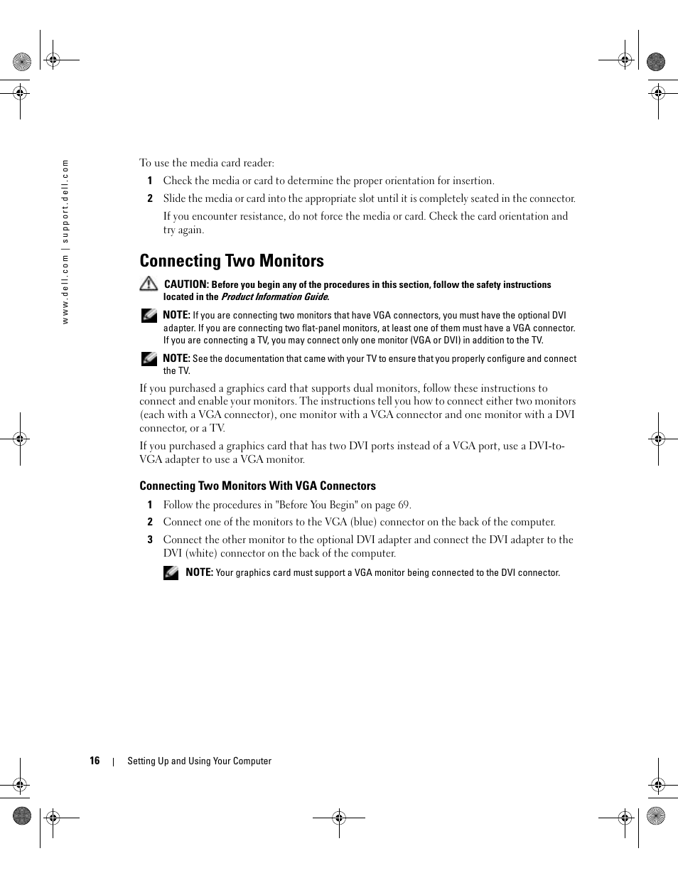 Connecting two monitors, Connecting two monitors with vga connectors | Dell XPS/Dimension XPS Gen 5 User Manual | Page 16 / 162