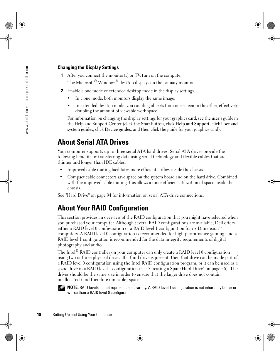 Changing the display settings, About serial ata drives, About your raid configuration | Dell XPS/Dimension XPS Gen 5 User Manual | Page 18 / 162