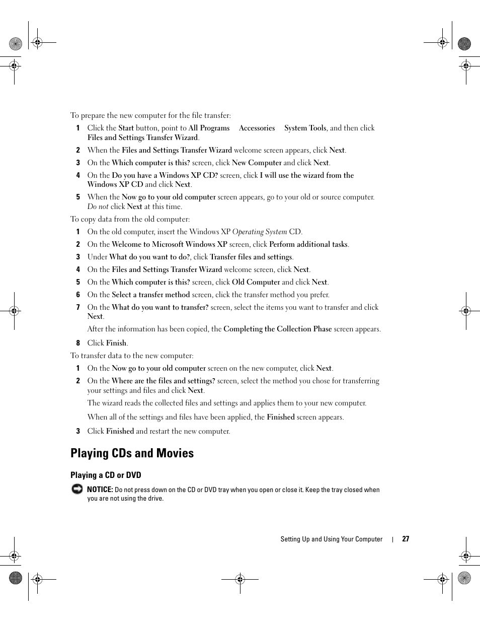 Playing cds and movies, Playing a cd or dvd | Dell XPS/Dimension XPS Gen 5 User Manual | Page 27 / 162